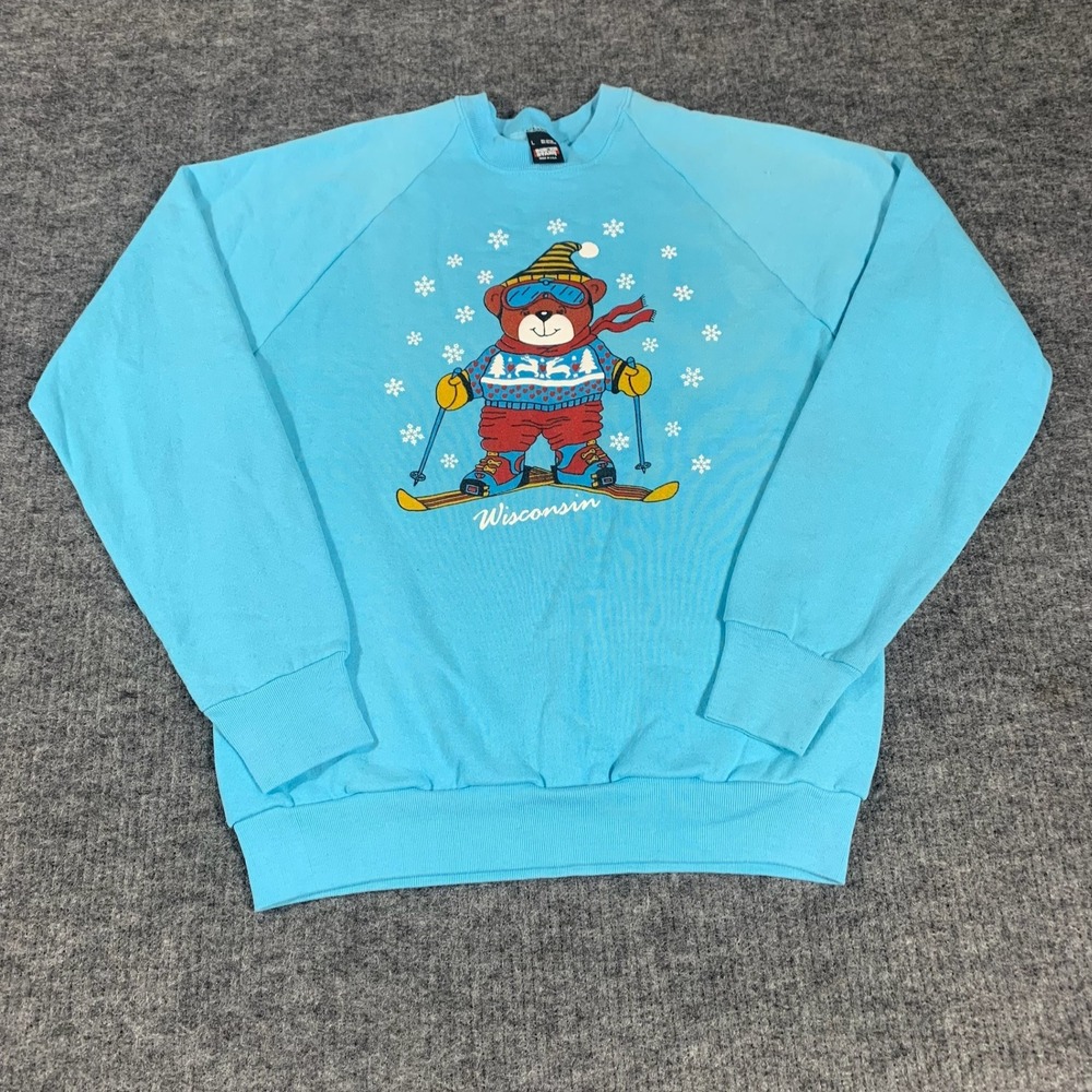 VTG Screen Stars Sweatshirt Womens Large Blue Skiing Bear Wisconsin 90s Retro